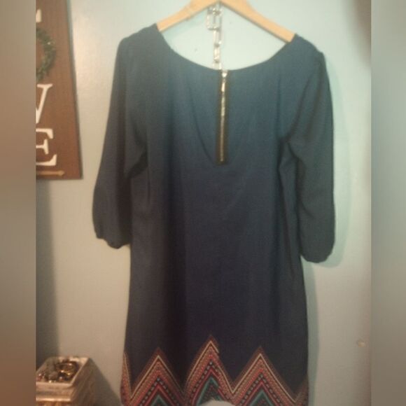 - BeBop navy blue tunic dress with puffy 3/4 sleeve boho print & back zipp… - Picture 2 of 8